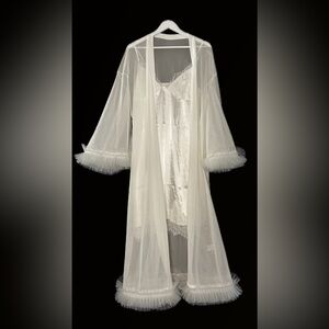 White Fluffy Robe, Bride Getting Ready Robe and silk slip, size M